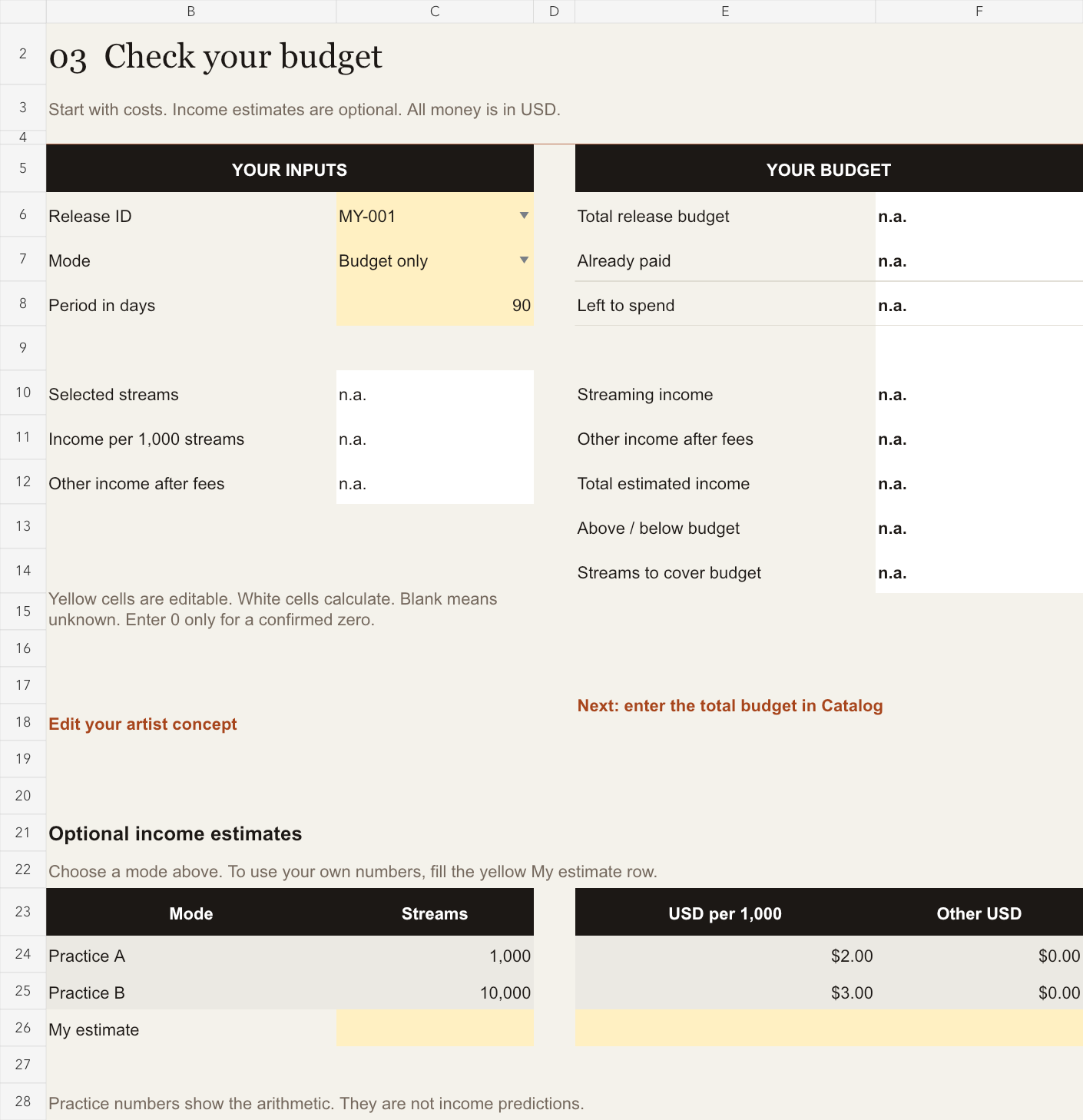 Budget calculator with yellow inputs and separate calculated results