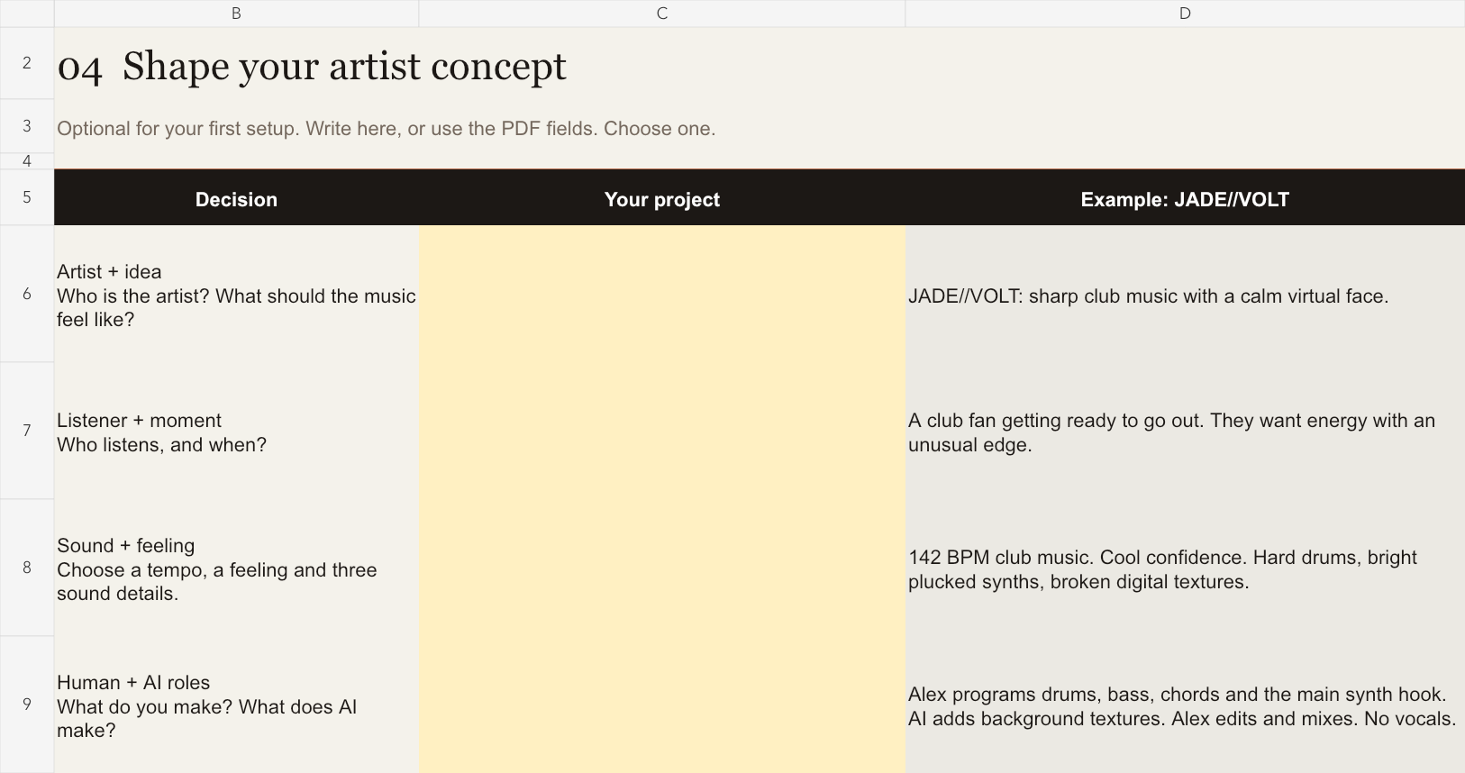 Artist concept worksheet with editable fields and a JADE//VOLT example