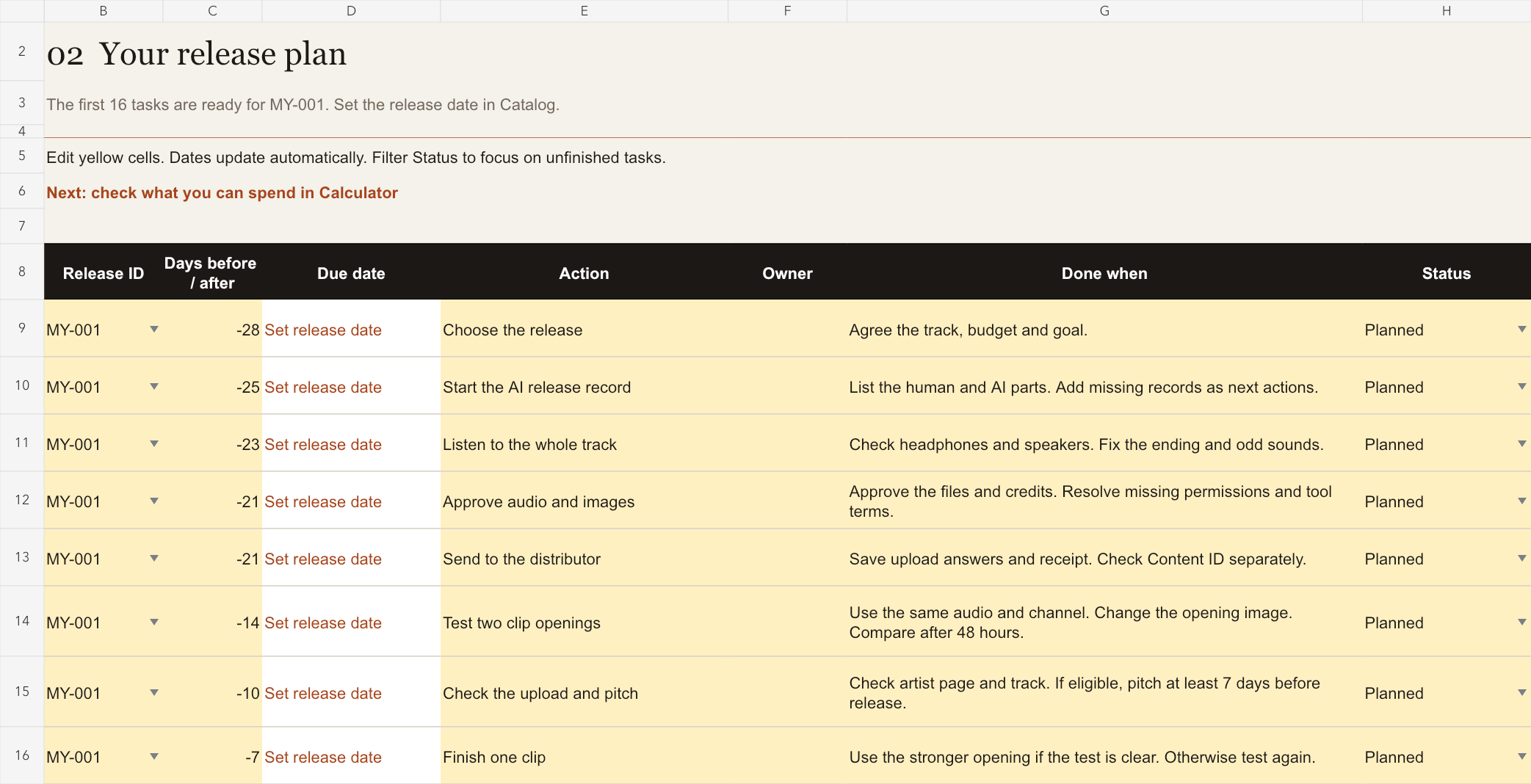 Release plan worksheet with 16 prepared tasks and automatic due dates