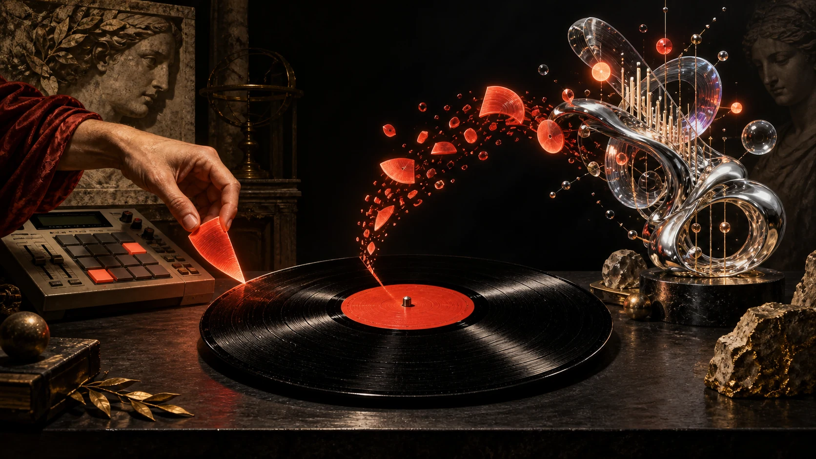 An old-master painted hand samples a vinyl record while another stream of sound becomes a chrome-and-glass digital sculpture.